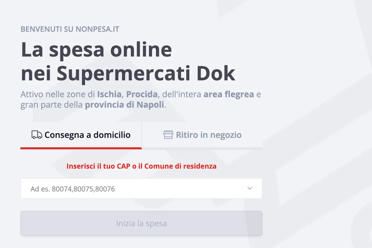 Home di NonPesa.it: la spesa online nei Supermercati Dok, con la scelta tra consegna a domicilio e ritiro in negozio e il campo per il CAP